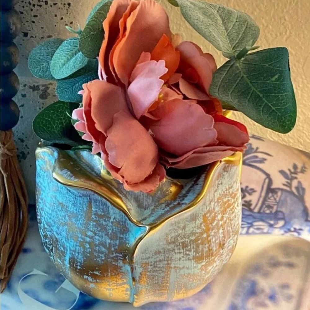 STANGL HAND PAINTED MID CENTURY 22K ANTIQUE GOLD TEA ROSE VASE MADE IN THE USA